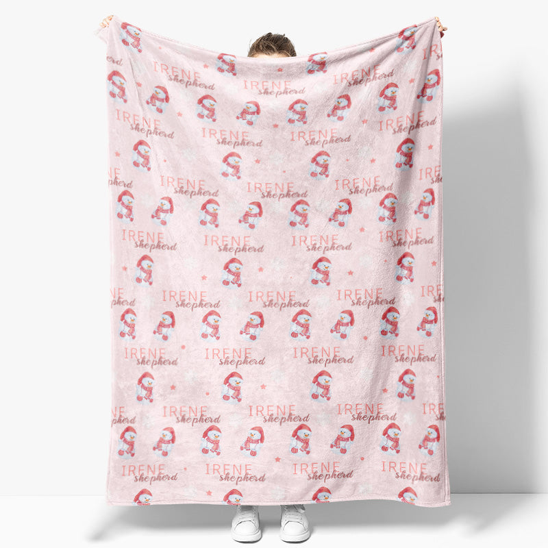 Aperturee - Custom Name Pink Snowman Repeat Christmas Blanket