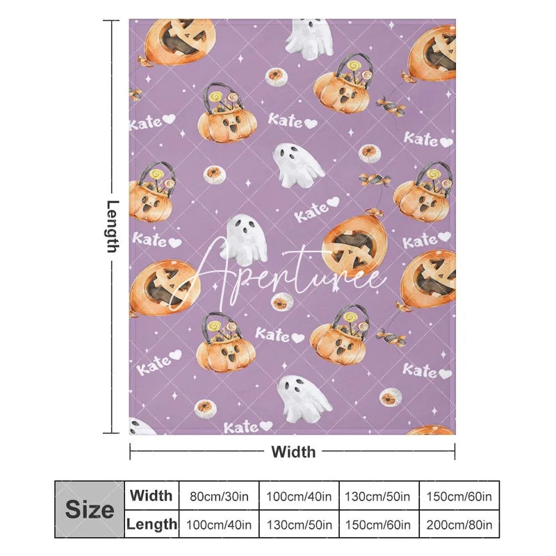 Aperturee - Custom Name Purple Pumpkins Ghost Halloween Blanket