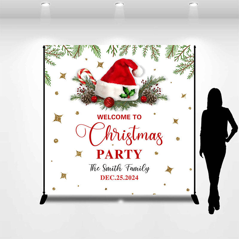 Aperturee - Custom Name Red Xmas Hat Party Christmas Backdrop