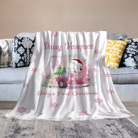 Aperturee - Custom Name Snowflake Pink First Christmas Blanket