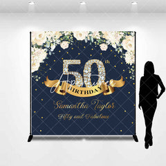 Aperturee - Custom Navy Blue Pink Floral 50th Birthday Backdrop