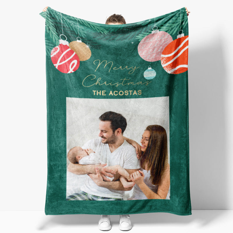 Aperturee - Custom Photo Green Bauble Family Christmas Blanket