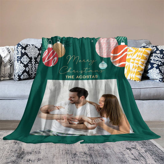 Aperturee - Custom Photo Green Bauble Family Christmas Blanket
