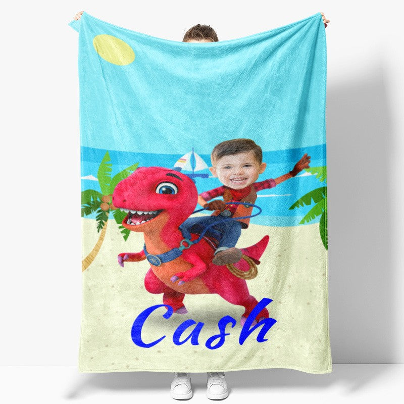 Aperturee - Custom Red Dinosaur Boy Seaside Blanket With Face