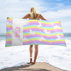 Aperturee - Custom Wave Rainbow Unicorn Beach Towel For Girls