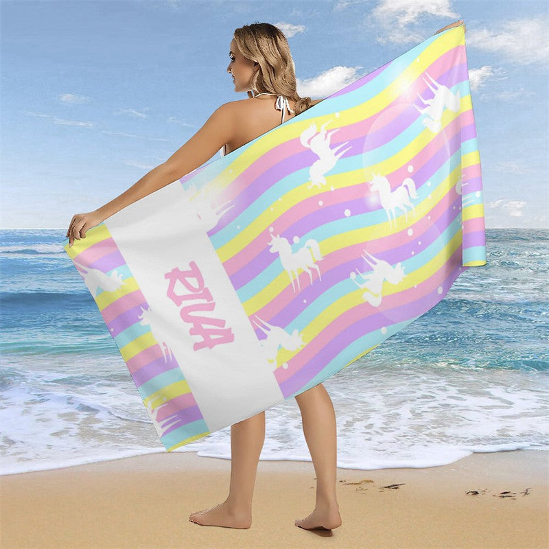 Aperturee - Custom Wave Rainbow Unicorn Beach Towel For Girls