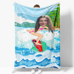 Aperturee - Customized Surfing Girl Coastal Beach Palm Blanket