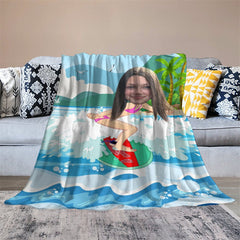 Aperturee - Customized Surfing Girl Coastal Beach Palm Blanket