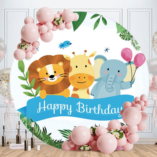 Aperturee - Cute Animals And Ballon Round Happy Birthday Backdrop