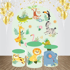 Aperturee - Cute Animals Leaves Round Baby Shower Backdrop Kit