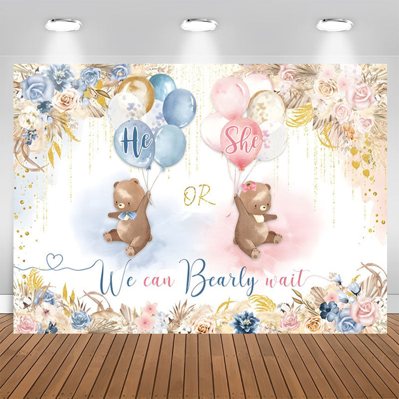 Aperturee - Cute Bear Floral Balloon Boho Baby Shower Backdrop