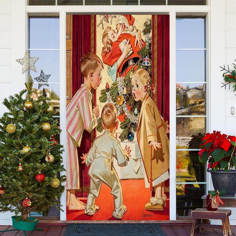 Aperturee - Cute Boy Girl Santa Claus Red Christmas Door Cover