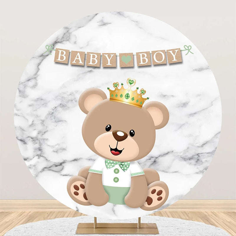 Aperturee - Cute Brown Bear Marble Round Baby Shower Backdrop