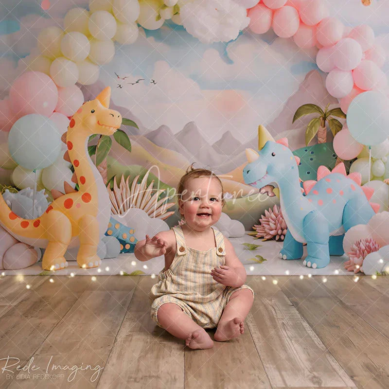 Aperturee - Cute Dinosaurs Mountain Balloon Cake Smash Backdrop