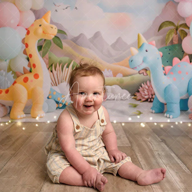 Aperturee - Cute Dinosaurs Mountain Balloon Cake Smash Backdrop