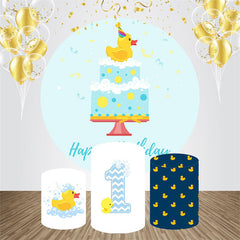 Aperturee - Cute Duck Cake Blue Round 1st Birthday Backdrop Kit