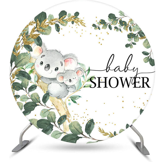 Aperturee - Cute Koala Green Leaves Round Baby Shower Backdrop