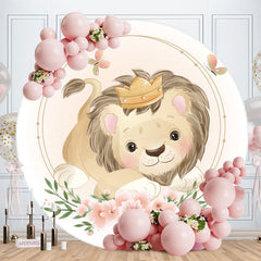 Aperturee - Cute Lion And Floral Round Baby Shower Backdrop