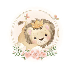 Aperturee - Cute Lion And Floral Round Baby Shower Backdrop