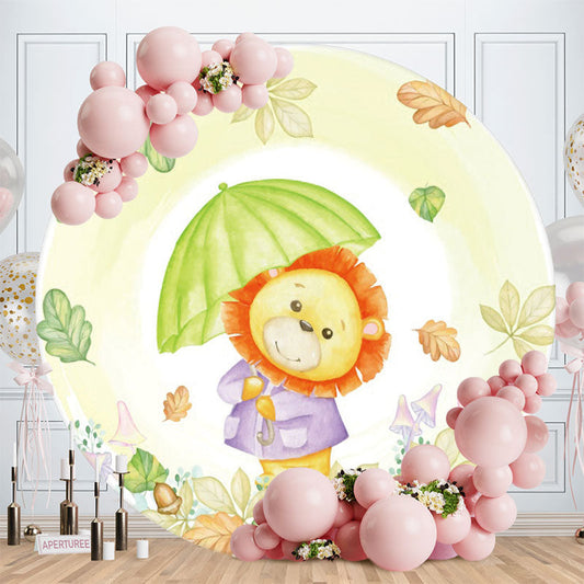 Aperturee - Cute Lion And Leaves Round Baby Shower Backdorp