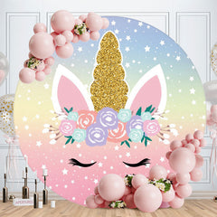 Aperturee - Cute Unicorn Floral Stars Birthday Round Backdrops for Girls