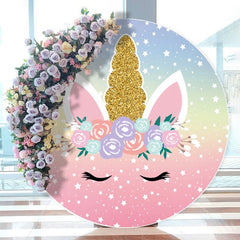 Aperturee - Cute Unicorn Floral Stars Birthday Round Backdrops for Girls