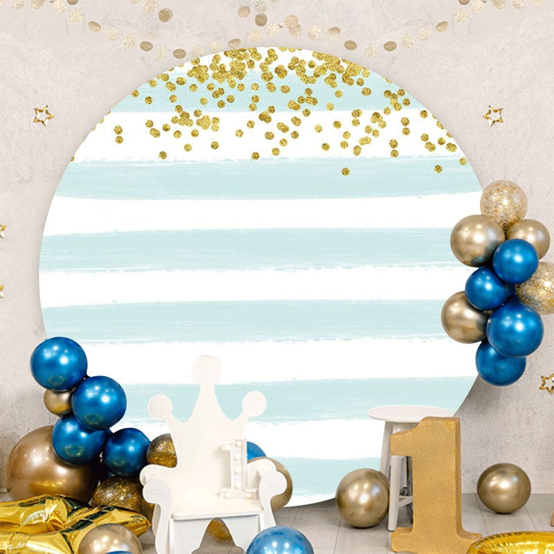 Aperturee - Cyan And White Stripes Round Gold Birthday Backdrop