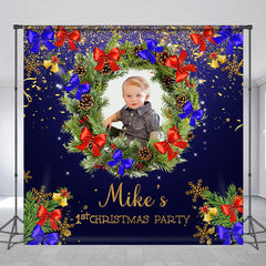 Aperturee - Dark Blue Wreath Custom Photo 1st Christmas Backdrop