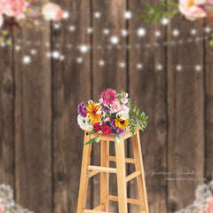 Aperturee - Dark Brown Wood Pink Floral Photo Booth Backdrop