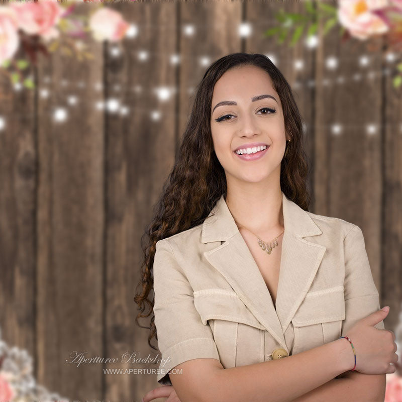 Aperturee - Dark Brown Wood Pink Floral Photo Booth Backdrop