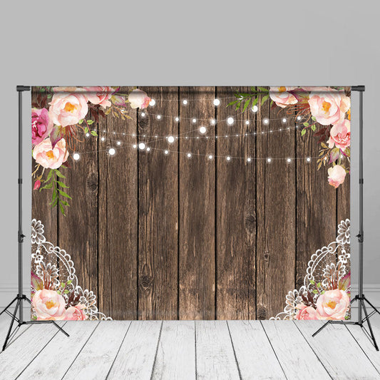 Aperturee - Dark Brown Wood Pink Floral Photo Booth Backdrop