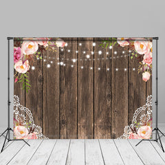 Aperturee - Dark Brown Wood Pink Floral Photo Booth Backdrop