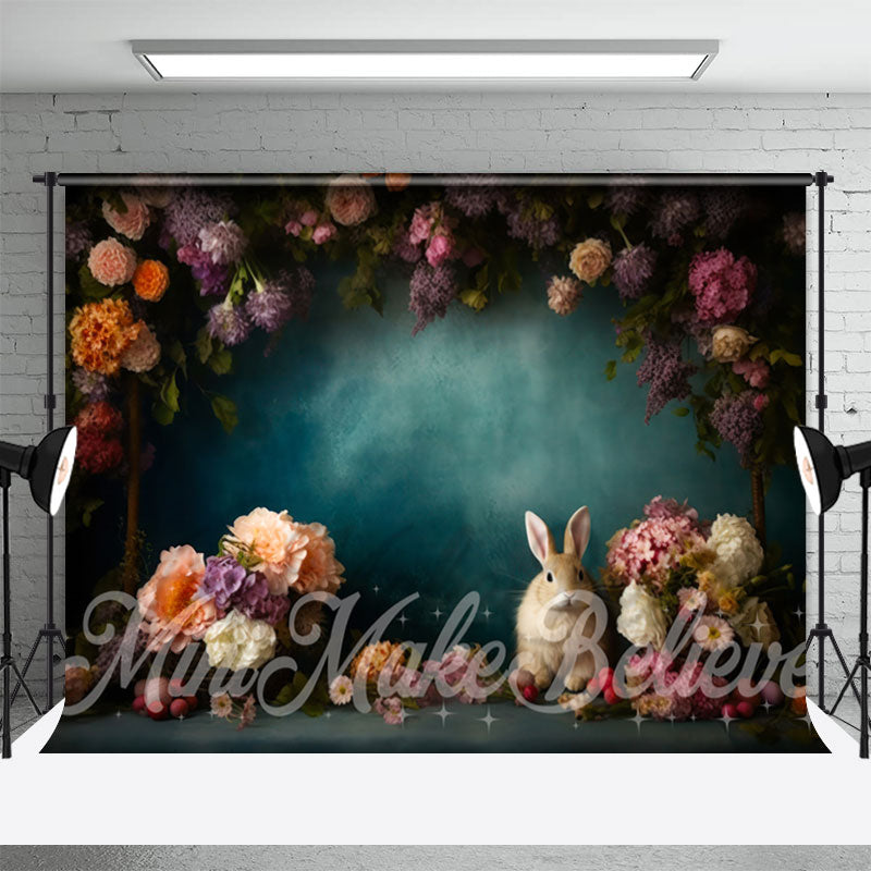 Aperturee - Dark Green Wall Rabbit Flowers Fine Art Backdrop
