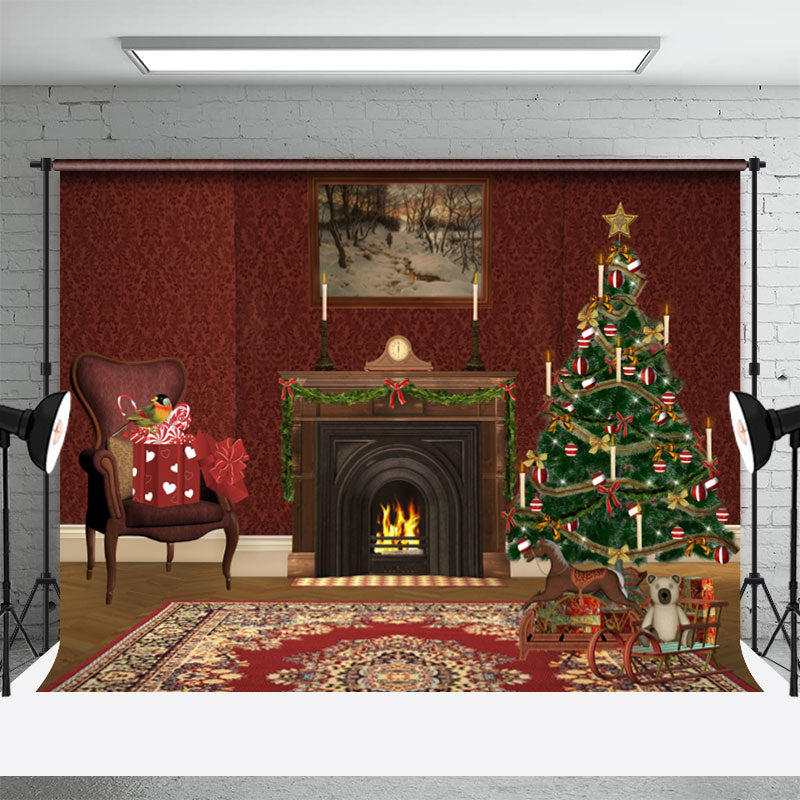Aperturee - Dark Red Fireplace Tree Carpet Christmas Backdrop