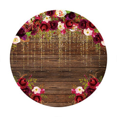 Aperturee - Dark Red Rose Glitter Brown Round Wood Birthday Backdrop