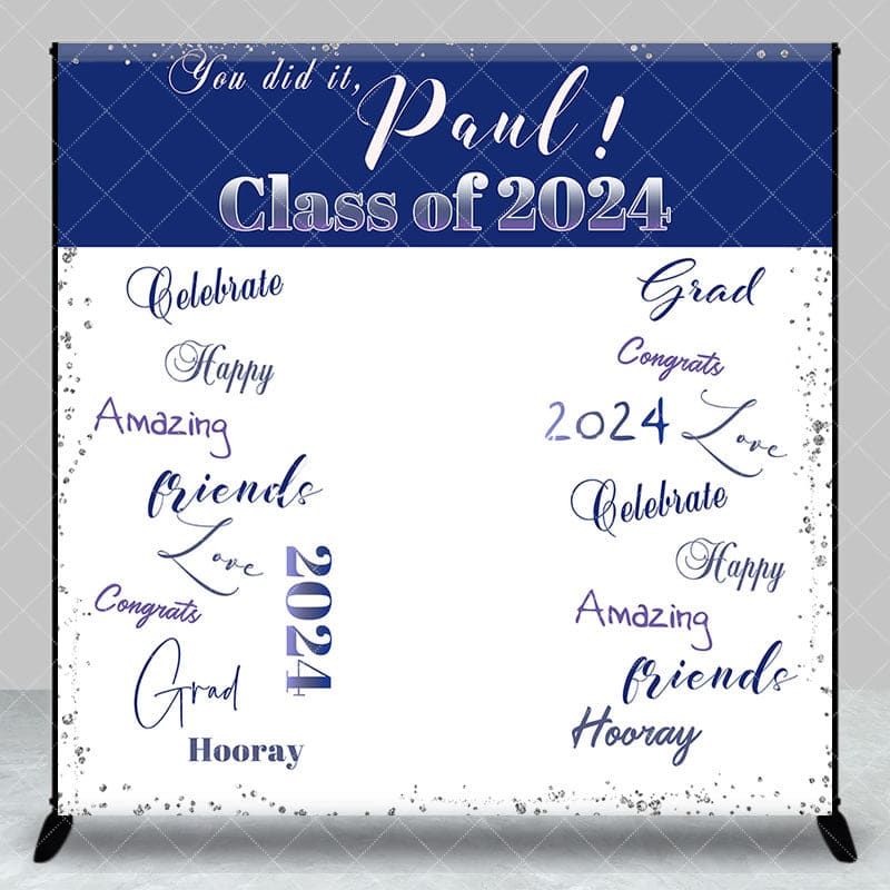 Aperturee - Deep Blue White Custom Graduation Party Backdrop