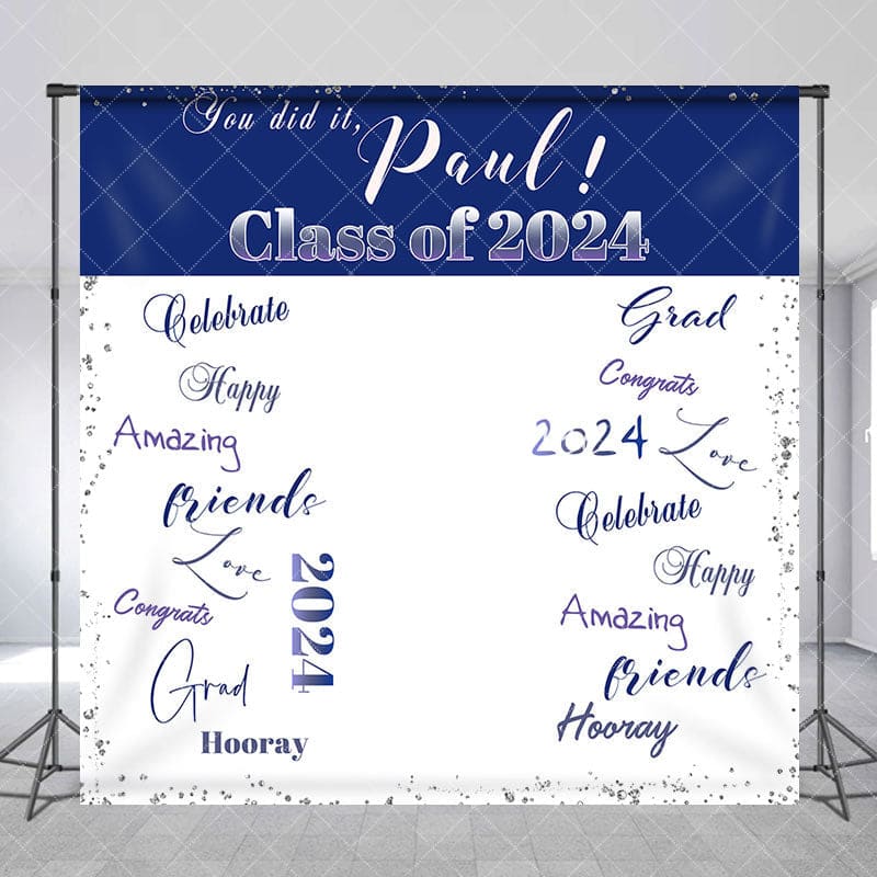 Aperturee - Deep Blue White Custom Graduation Party Backdrop