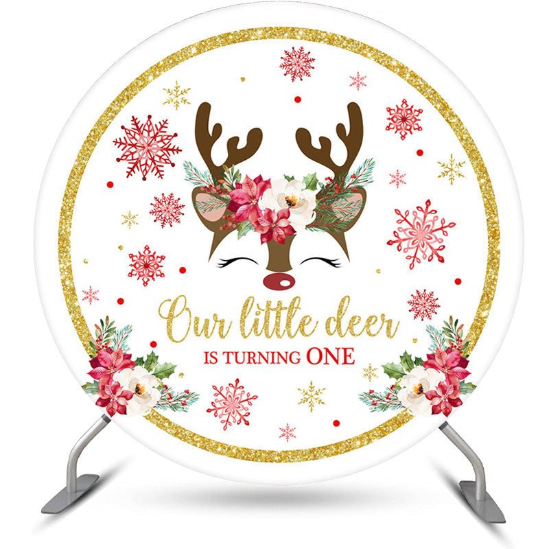 Aperturee - Deer Snowflake Round Christmas 1st Birthday Backdrop