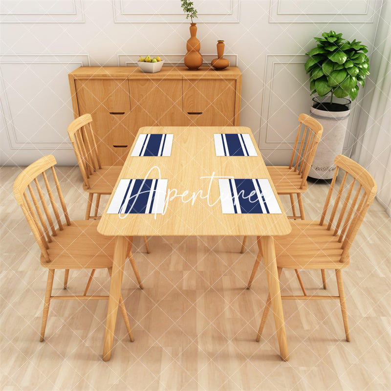 Aperturee - Denim Blue White Line Set Of 4 Placemats For Dinner