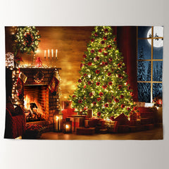 Aperturee - Dim Fireplace Tree Light Moon Christmas Backdrop