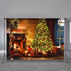 Aperturee - Dim Fireplace Tree Light Moon Christmas Backdrop