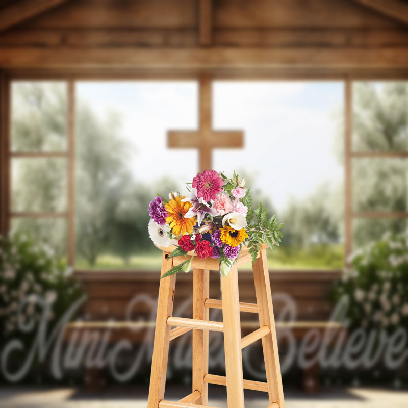 Aperturee - Easter Spring Wood Cross Church Window Photo Backdrop