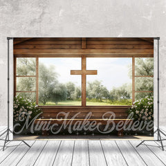 Aperturee - Easter Spring Wood Cross Church Window Photo Backdrop