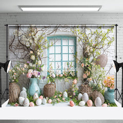 Aperturee - Egg Window Green Leaves Easter Backdrop For Photo