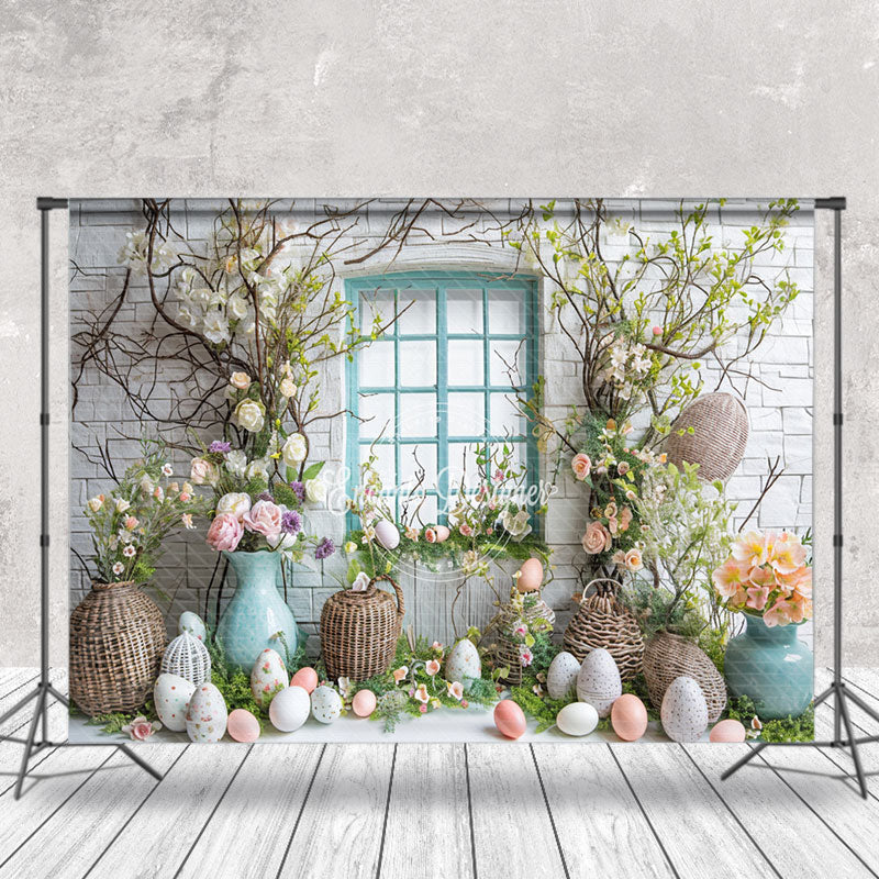 Aperturee - Egg Window Green Leaves Easter Backdrop For Photo