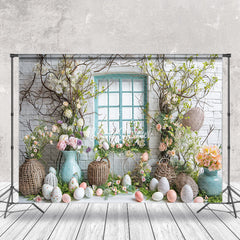 Aperturee - Egg Window Green Leaves Easter Backdrop For Photo