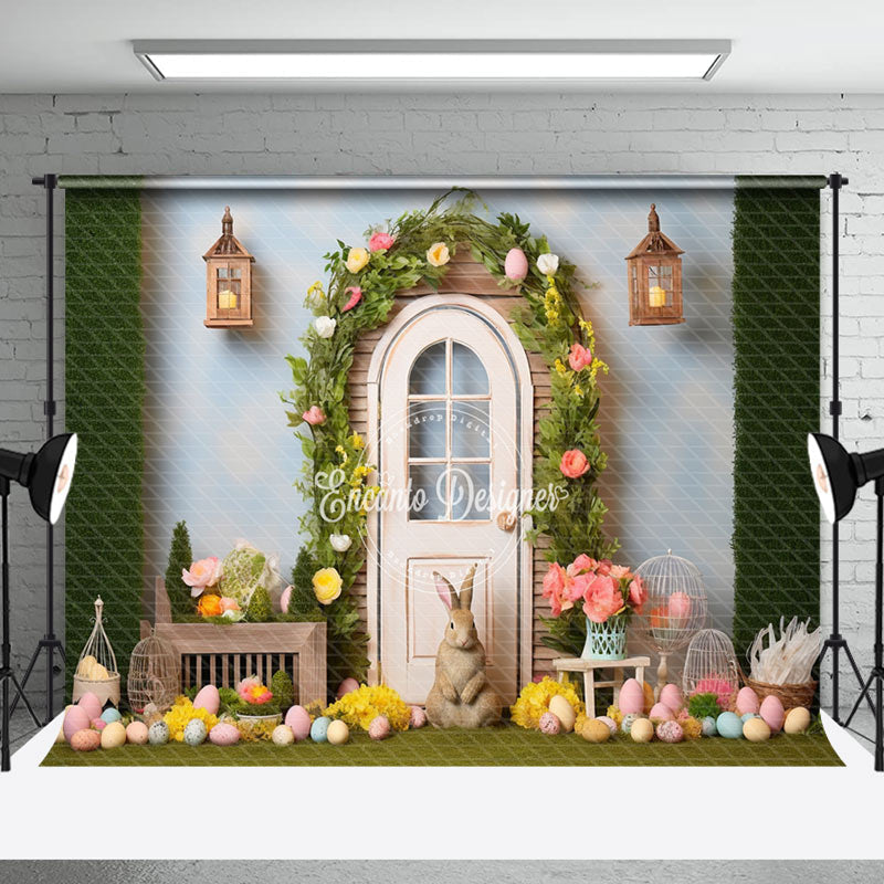 Aperturee - Eggs Rabbit Floral Arch Door Easter Photo Backdrop