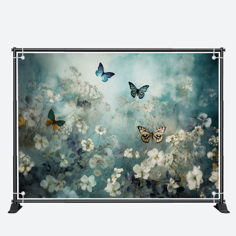 Aperturee - Elegant Butterflies Floral Blue Birthday Backdrop