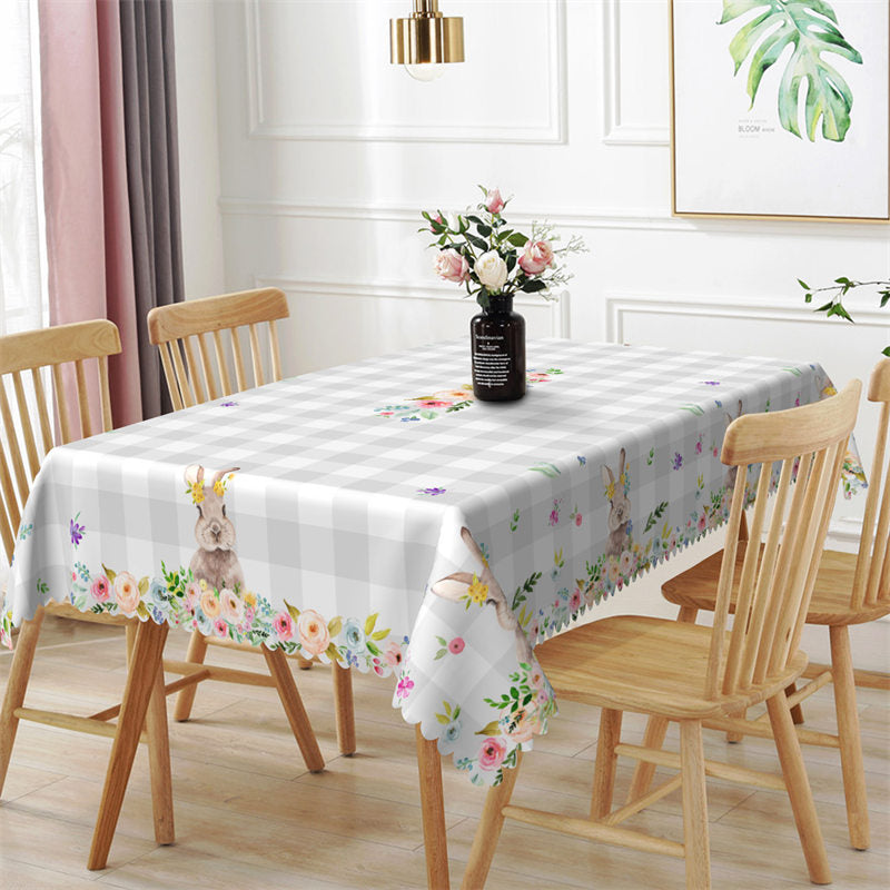 Aperturee - Elegant Spring Floral Bunny Gary Plaid Tablecloth