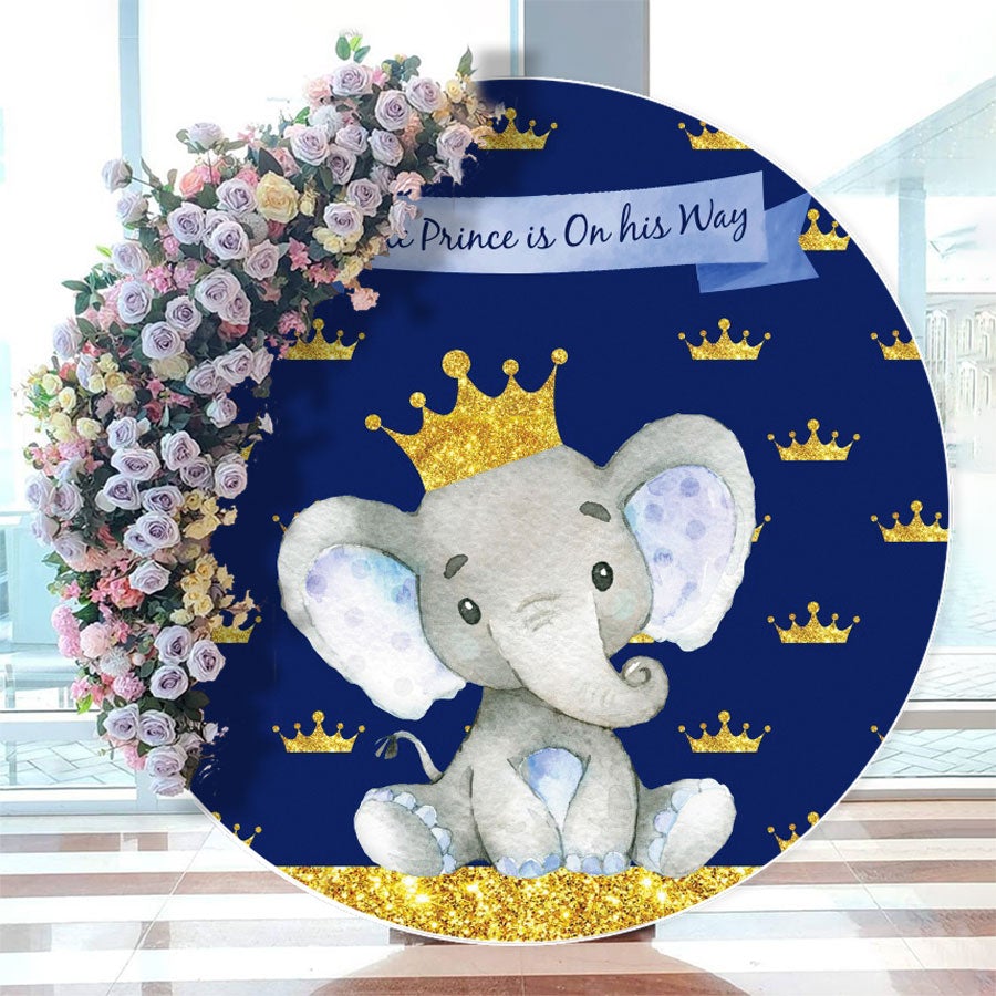 Aperturee - Elephant And Golden Crown Circle Baby Shower Backdrop